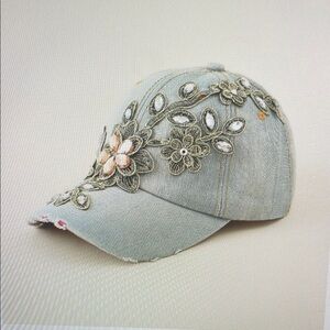 Embellished Denim Cap with Floral Design